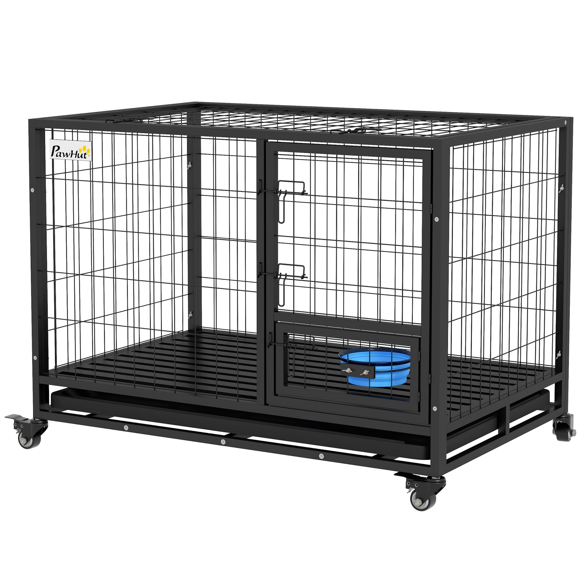 Pawhut 43" Heavy Duty Dog Crate With Bowl Holder, Strong Steel Dog Crate With Wheels, Detachable Door, Openable Top And Removable Tray For Large And Extra Large Dogs, Black Black Steel