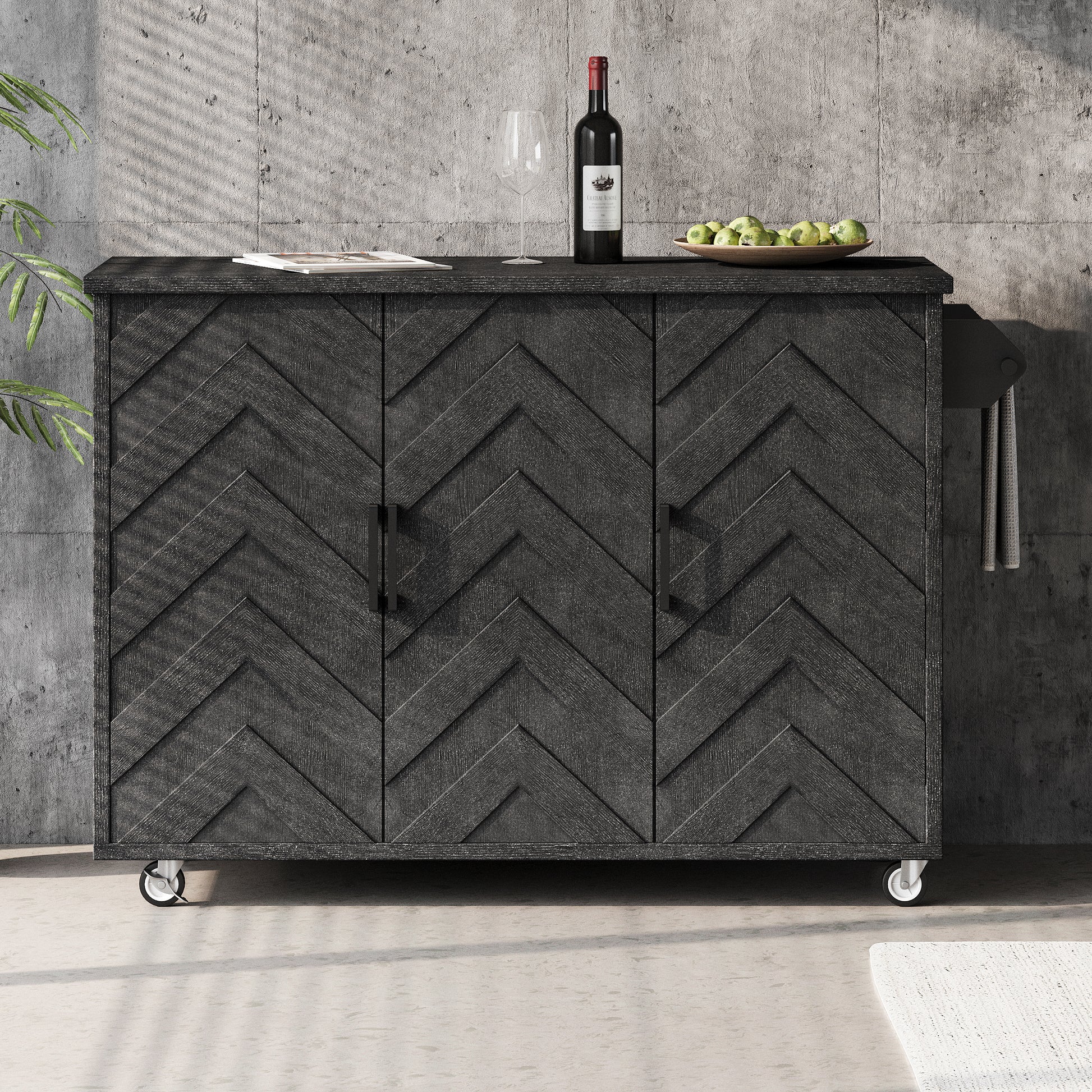 K&K 51.2"W 3D Wave Stripes Ash Veneer Not Cheap Paper Kitchen Island With Drop Leaf, Farmhouse Kitchen Island On Wheels With Internal Storage Rack, Rolling Kitchen Cart Black Black Brown Kitchen