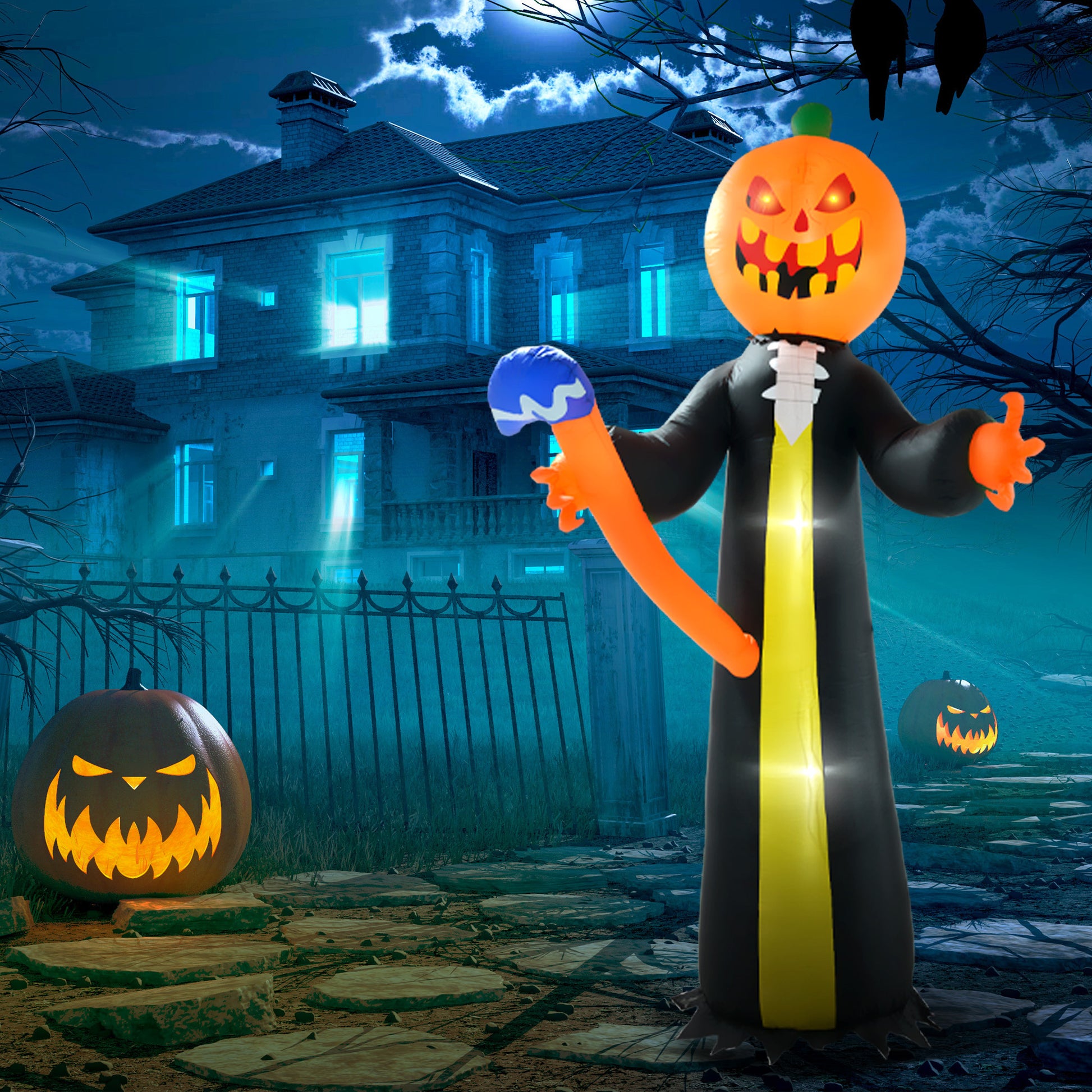 Outsunny 10Ft Inflatable Halloween Pumpkin Head Ghost With Hammer, Blow Up Halloween Decoration Outdoor Led Yard Display, Waterproof Black Polyester