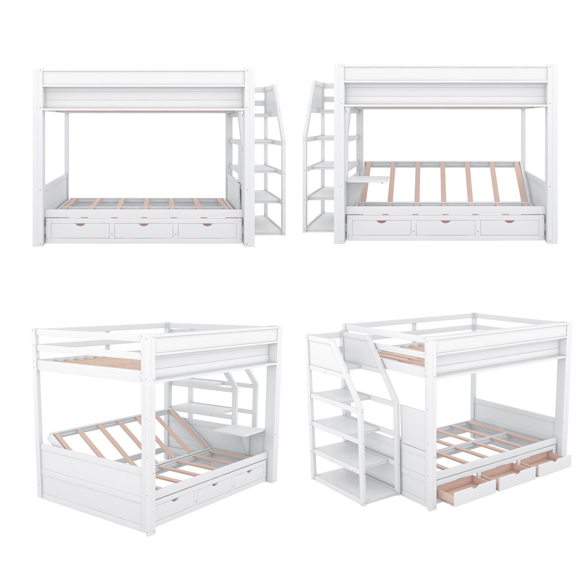 Wood Full Size Convertible Bunk Bed With Storage Staircase, Bedside Table, And 3 Drawers, White White Solid Wood Mdf