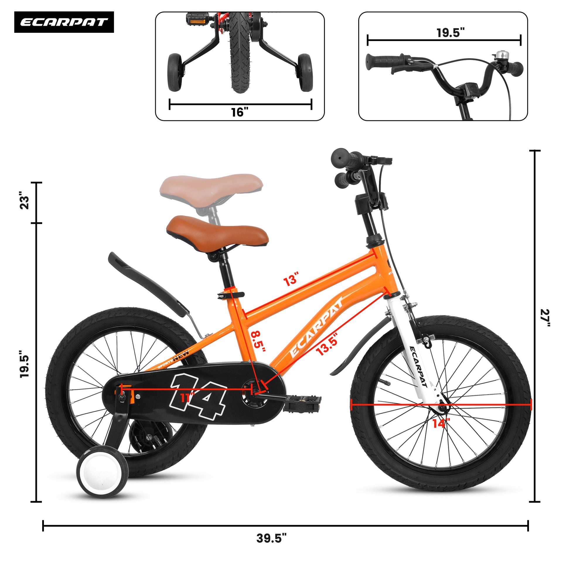 A14114 Kids Bike 14 Inch For Boys & Girls With Training Wheels, Freestyle Kids' Bicycle With Fender. Orange Steel