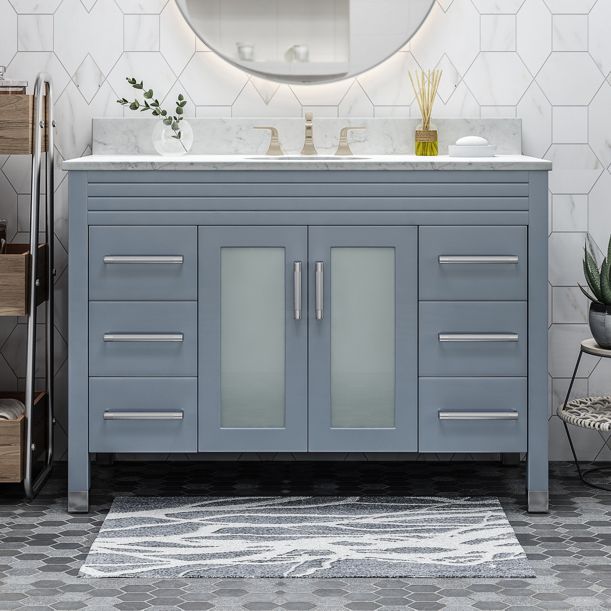 49'' Bathroom Vanity With Marble Top & Ceramic Sink, 2 Doors With Glass, 6 Drawers, Gray Grey Acacia Wood