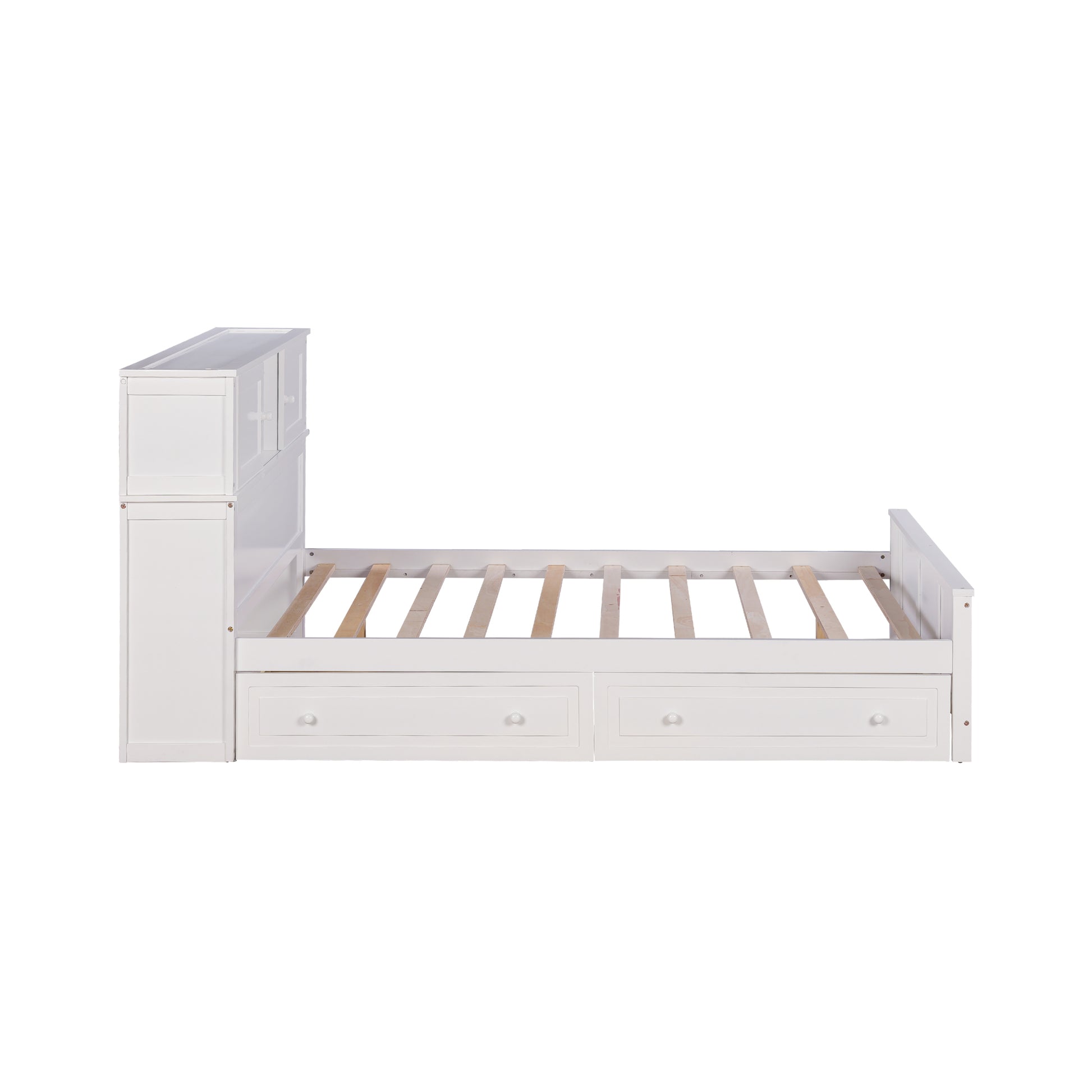 Full Size Platform Bed With Storage Headboard And Sliding Door,2 Drawers, White Full White Solid Wood Mdf