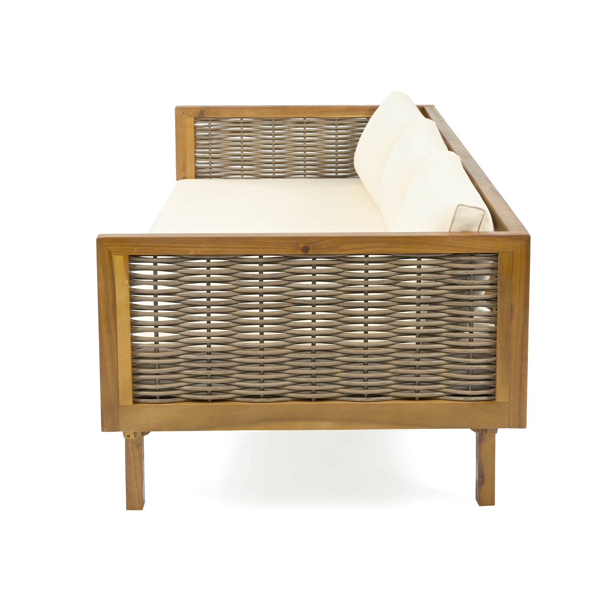 Claremont 3 Seater Daybed With Rattan Arms Beige Cushion Teak Beige Wood Fabric Rattan