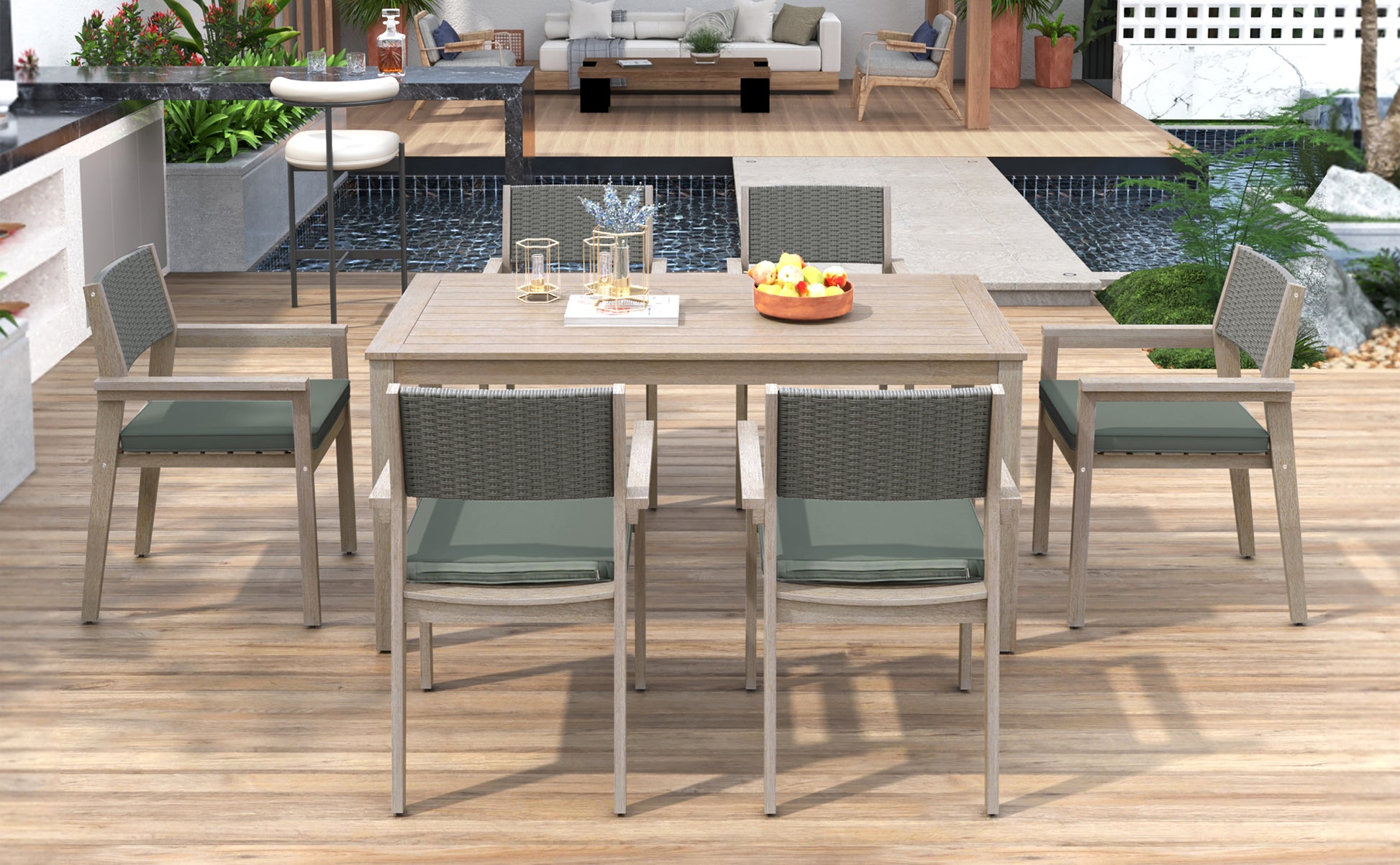 Outdoor Dining Set Patio Dining Table And Chairs With Rattan Backrest And Removable Cushions For Patio And Backyard, White Washed Yes White Washed Water Resistant Frame Water Resistant Cushion Garden & Outdoor Sectional Seating Groups Foam Acacia Wood