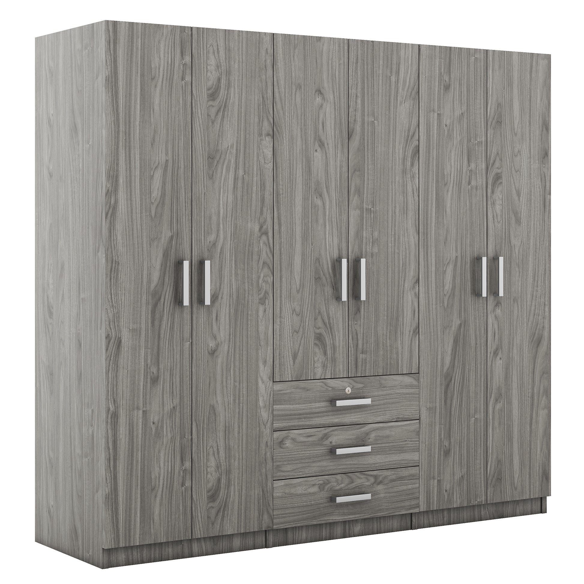 6 Doors Wooden Wardrobe Storage For Bedroom, With Big Drawers, Gray Gray Plywood