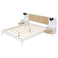 Queen Size Solid Wood Bed Frame With 2 Nightstands, Elegant Design With Lamps, Rattan And Wood Combination,White Queen White Wood