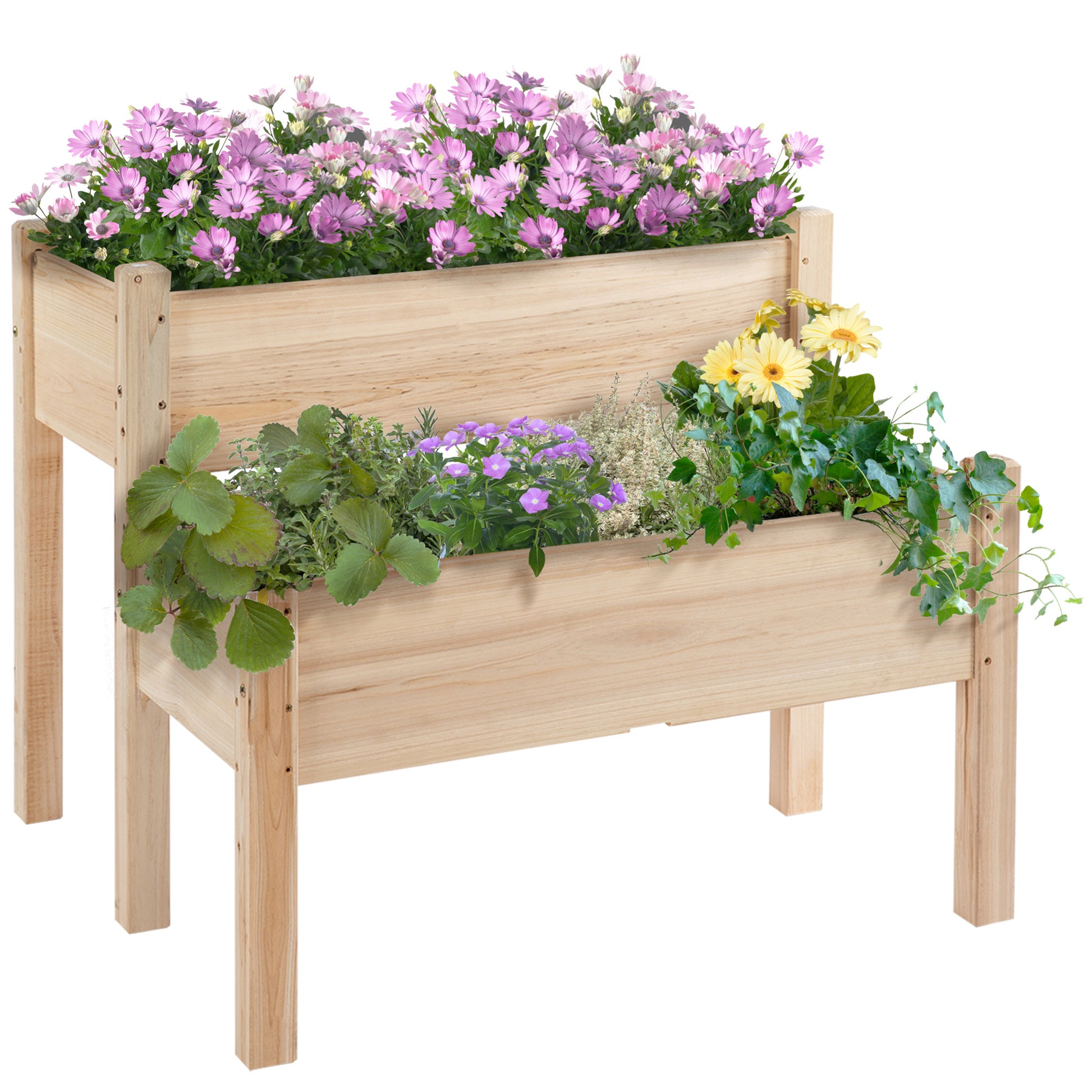 Outsunny 34"X34"X28" Raised Garden Bed, 2 Tier Elevated Wood Planter Box For Backyard, Patio To Grow Vegetables, Herbs, And Flowers, Natural Natural Wood