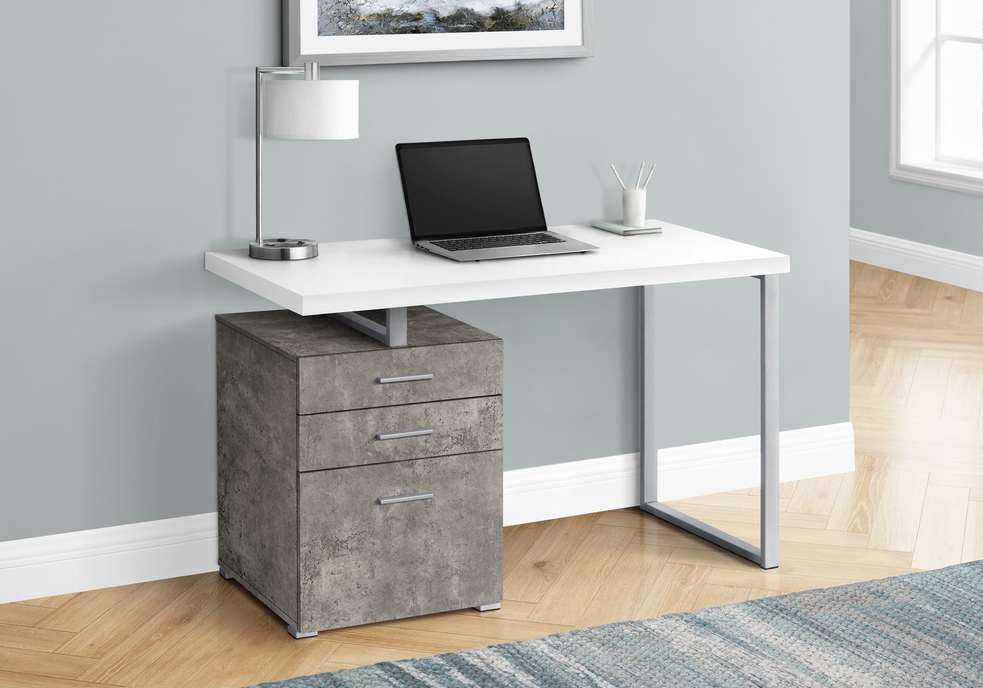 Computer Desk, Home Office, Laptop, Left, Right Set Up, Storage Drawers, 48"L, Work, White And Concrete Laminate, White Metal, Contemporary, Modern White Particle Board