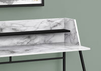 Computer Desk, Home Office, Laptop, Storage Shelves, 48"L, Work, White Marble Look Laminate, Black Metal, Contemporary, Modern White Particle Board