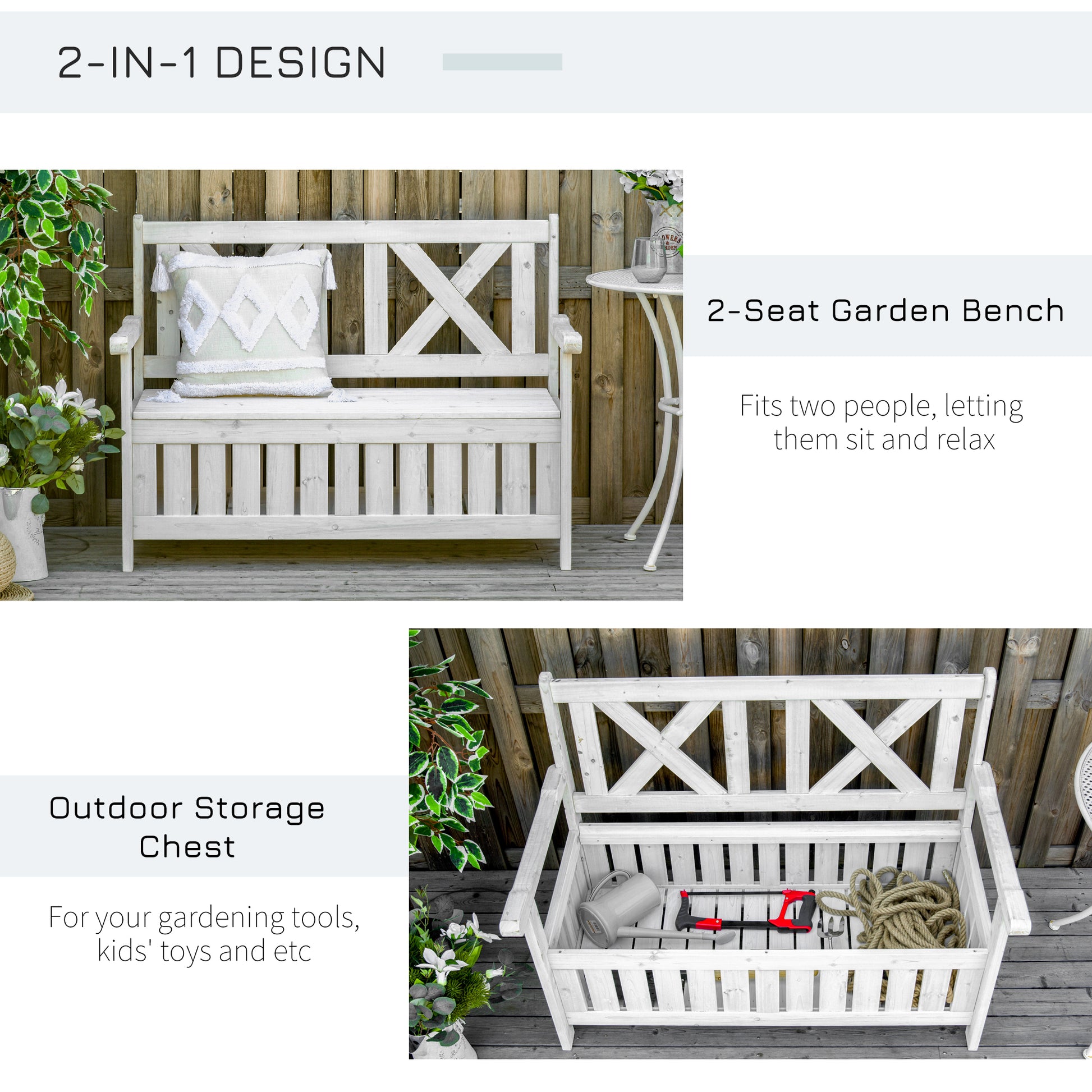Outsunny Patio Wooden Bench With Storage Box, 29 Gallon Outdoor Storage Bench, Large Entryway Deck Box W Unique X Shape Back, For Deck, Porch & Balcony, White White Wood