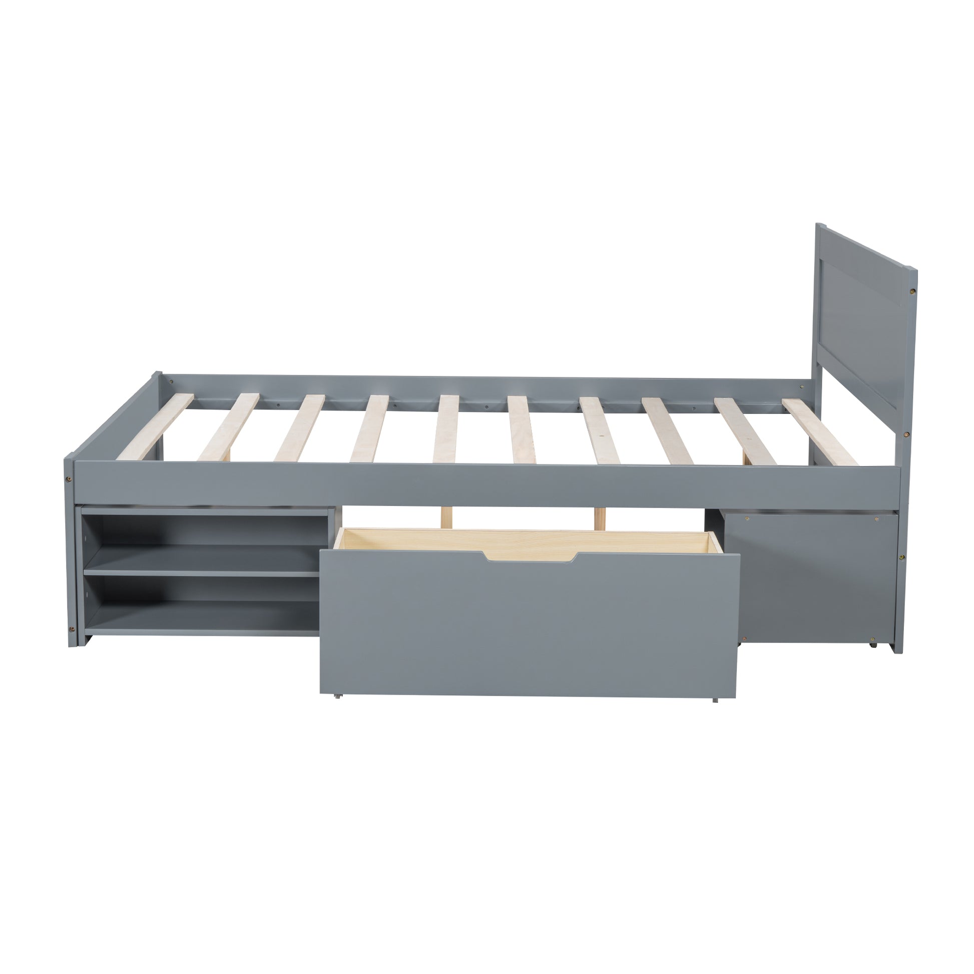 Full Size Platform Bed With Drawer And Two Shelves, Gray Expected Arrival Time: 10.28 Full Gray Mdf Lvl