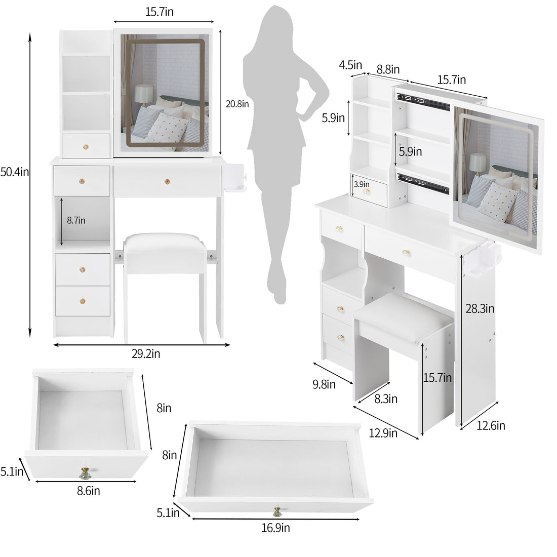 Small Size Left Drawer Desktop Vanity Table Cushioned Stool, 2 Ac 2 Usb Power Station, Hair Dryer Bracket, Extra Large Touch Control Sliding Led Mirror, Tri Color Switching, Epa,Gcc,Ul Certificate