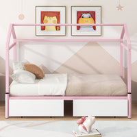 Twin Xl To King Metal Twin Size House Platform Bed With 2 Drawers, Pink Box Spring Not Required Twin Xl Pink Metal Bed Frame Metal