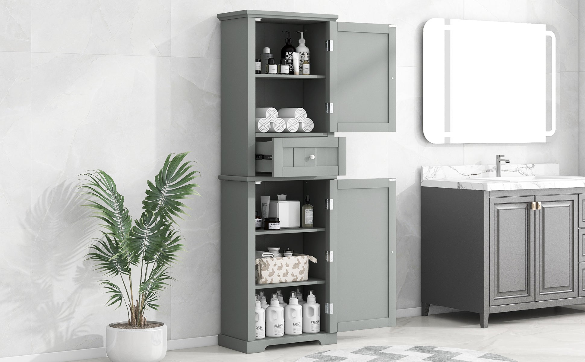 Tall Bathroom Storage Cabinet, Freestanding Storage Cabinet With Drawer And Adjustable Shelf, Mdf Board With Painted Finish, Grey Grey Mdf