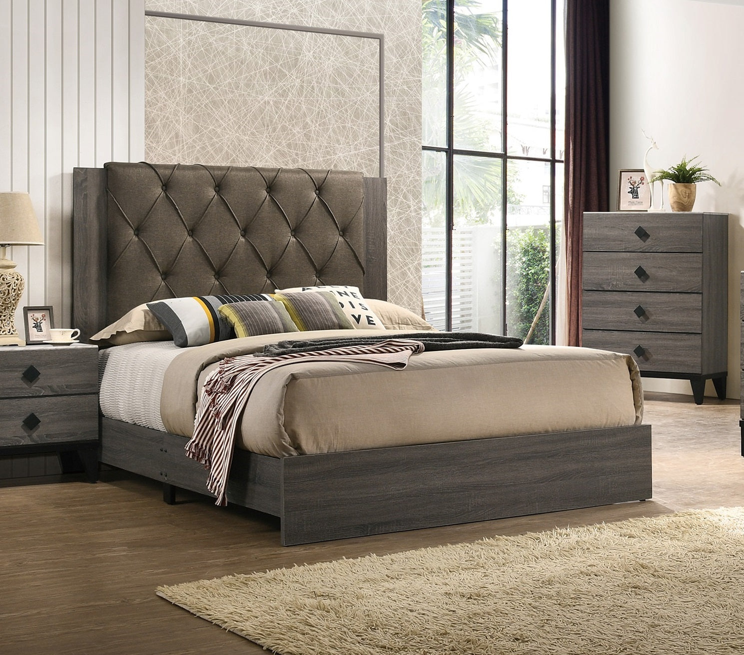 Contemporary 1Pc California King Size Bed Bedroom Furniture Tufted Design Headboard Rubberwood 1Pc Bedframe Gray Finish Box Spring Required California King Gray Wood Bedroom