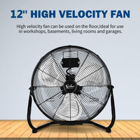 12 Inch 3 Speed High Velocity Heavy Duty Metal Industrial Floor Fans, Black, 2 Pack Black Metal