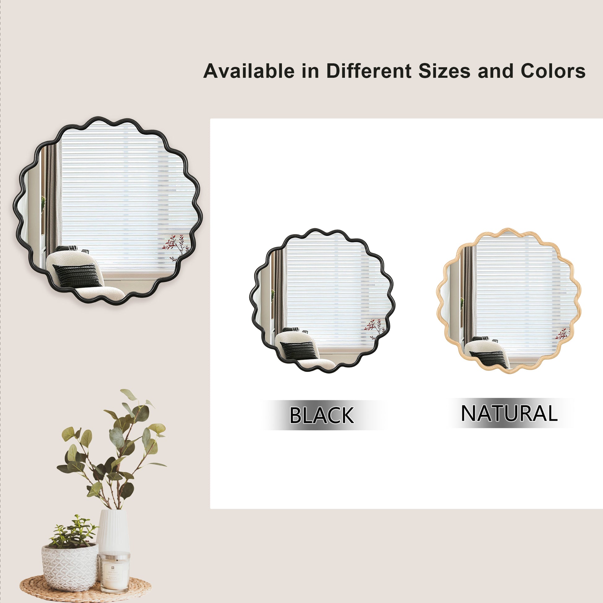 Solid Wood Wavy Mirror Black Vanity Mirror Wall Decor 36" X 36" Modern Mirror Wall Decor For Bathroom, Bedroom, Living Room, Dining Room, Cloakroom, Entryway Oval Or Circle Framed Black Living Room Large 33In 40In Glass Solid Wood