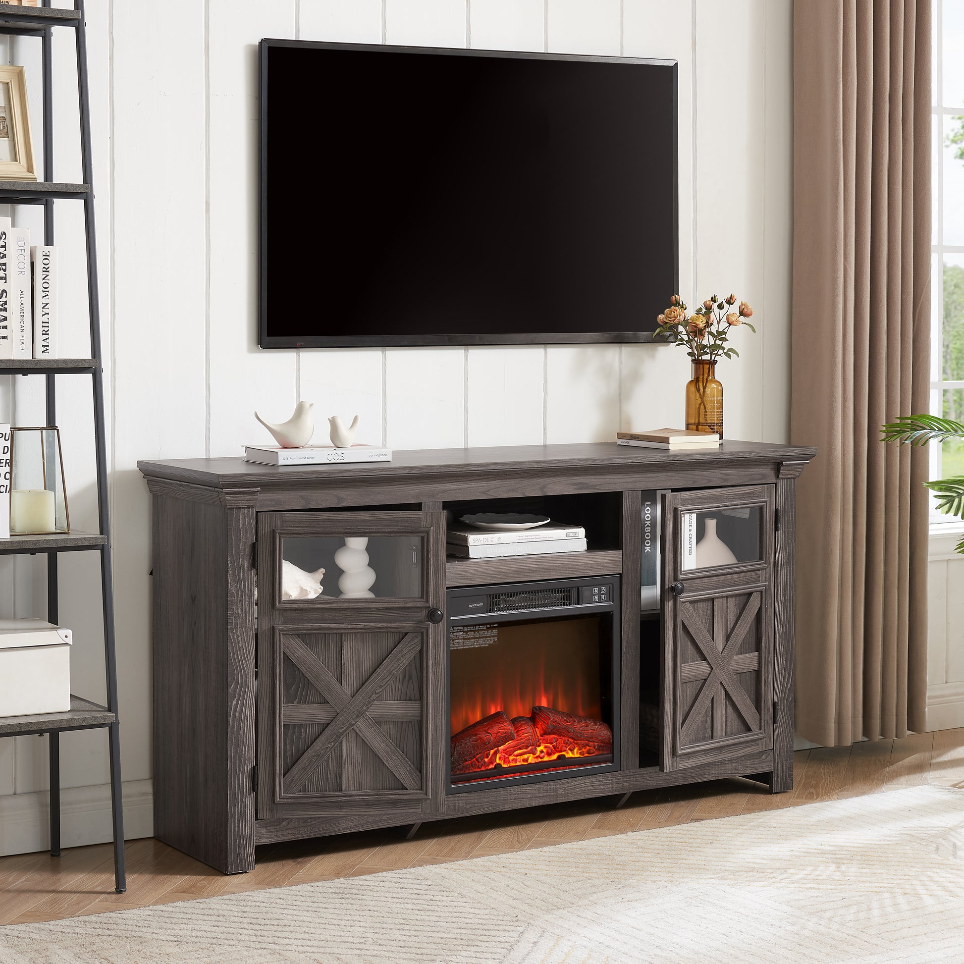 2 Doors Cabinet Farmhouse Cabinet, Farmhouse Tv Stand Barn Design,Farmhouse Tv Media Stand, Large Barn Inspired Home Entertainment Console With 18" Fireplace Insert,Grey, 60.23"W*15.35"D*31.7"H Grey