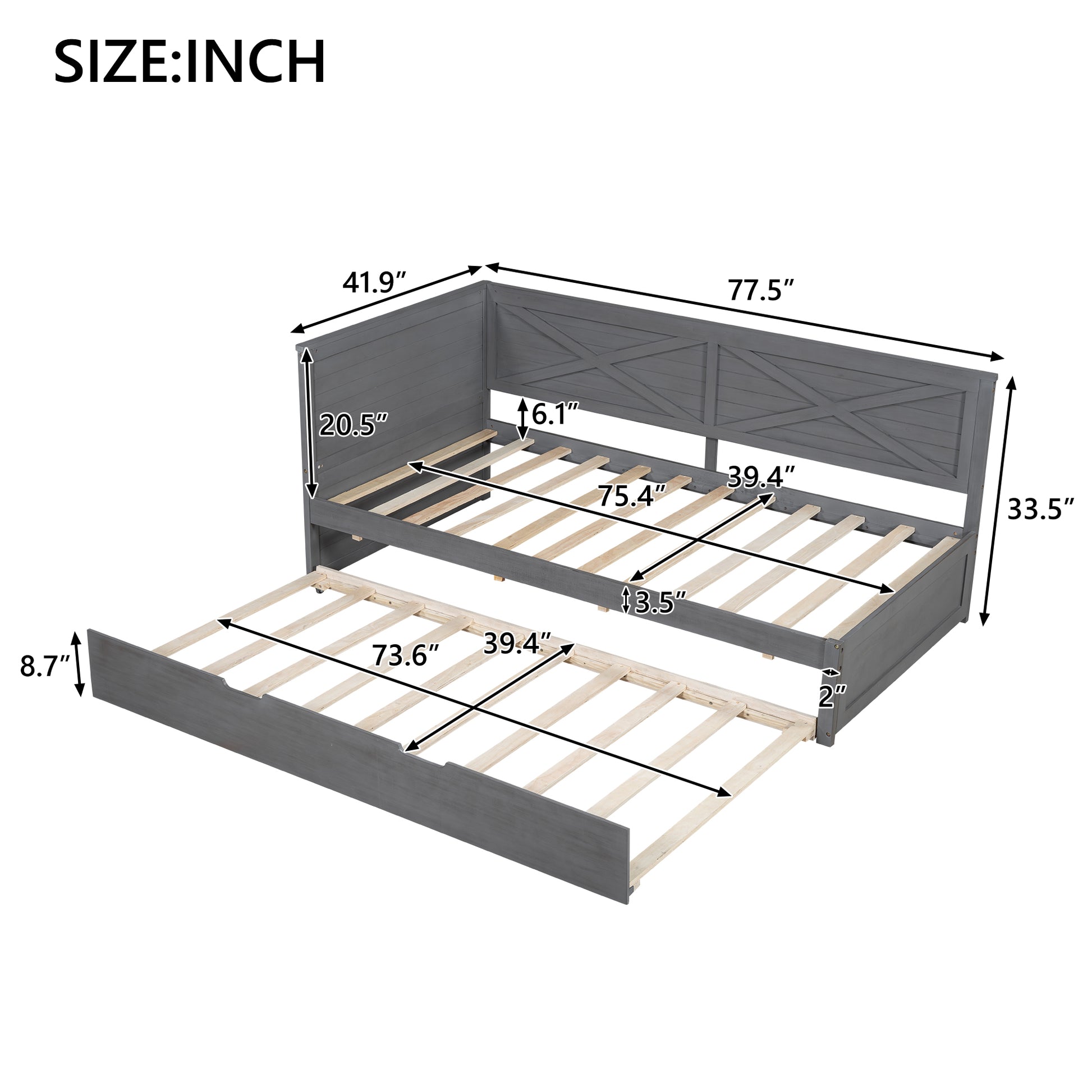 Twin Size Wood Daybed With Trundle And Rustic Guardrail, Ancient Grey Box Spring Not Required Twin Grey Wood Bedroom Solid Wood Mdf