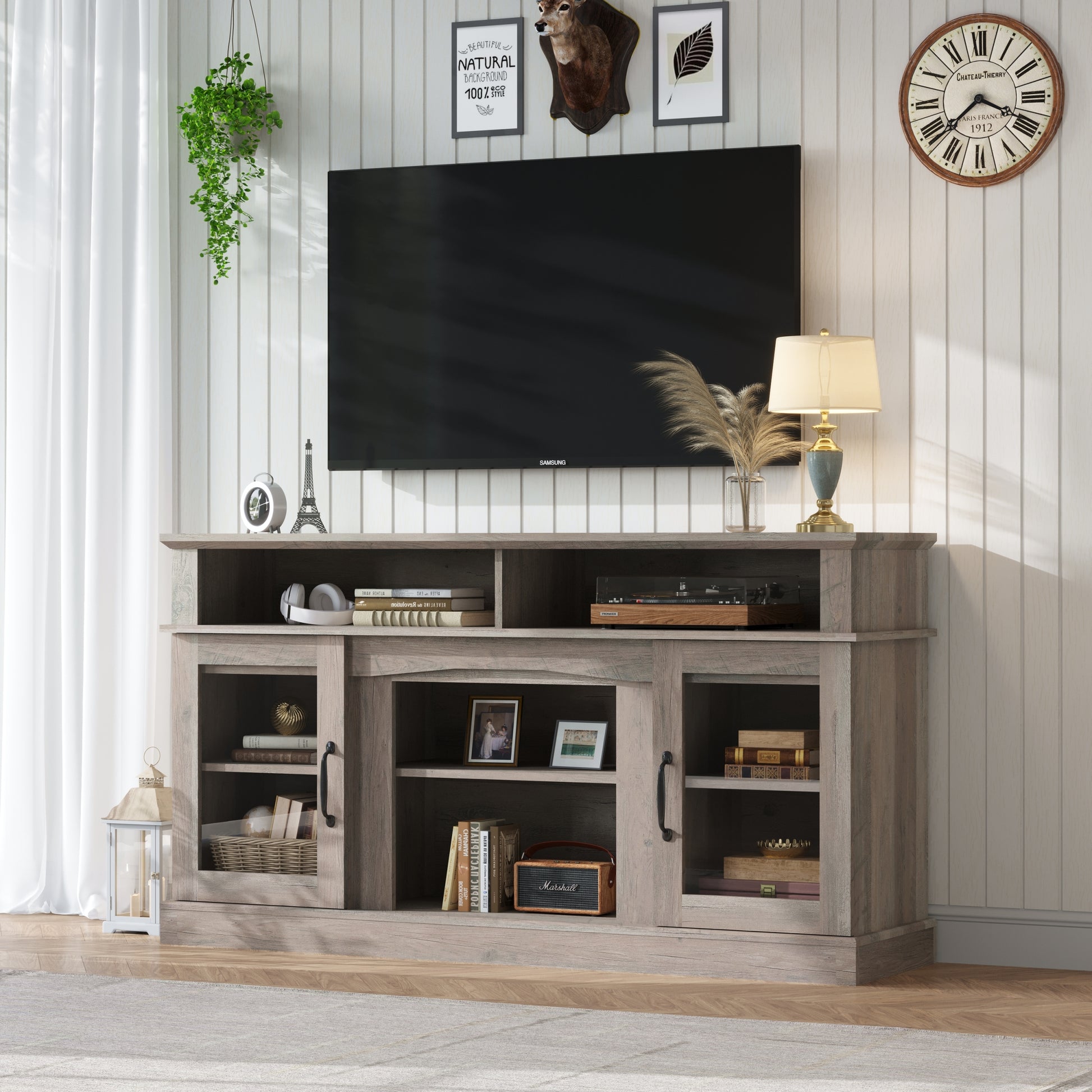 58 Inch Tv Stand With Storage Cabinet And Shelves, Tv Console Table Entertainment Center For Living Room,Bedroom Grey 50 59 Inches Particle Board