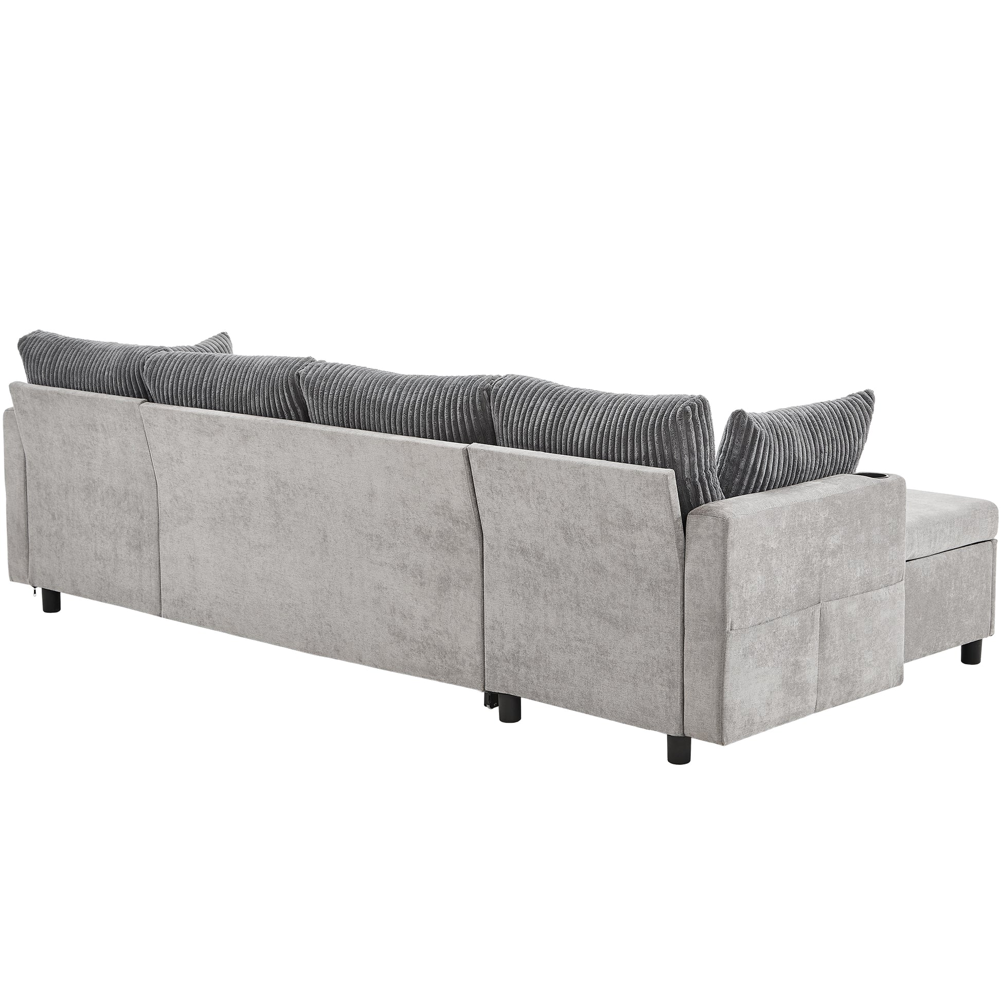 111.8" Sectional Sofa Pull Out Sofa Bed Versatile Sofa Sleeper With Large Storage Space, Two Usb Ports And Two Cup Holders For Living Room, Grey Grey Foam Chenille 4 Seat