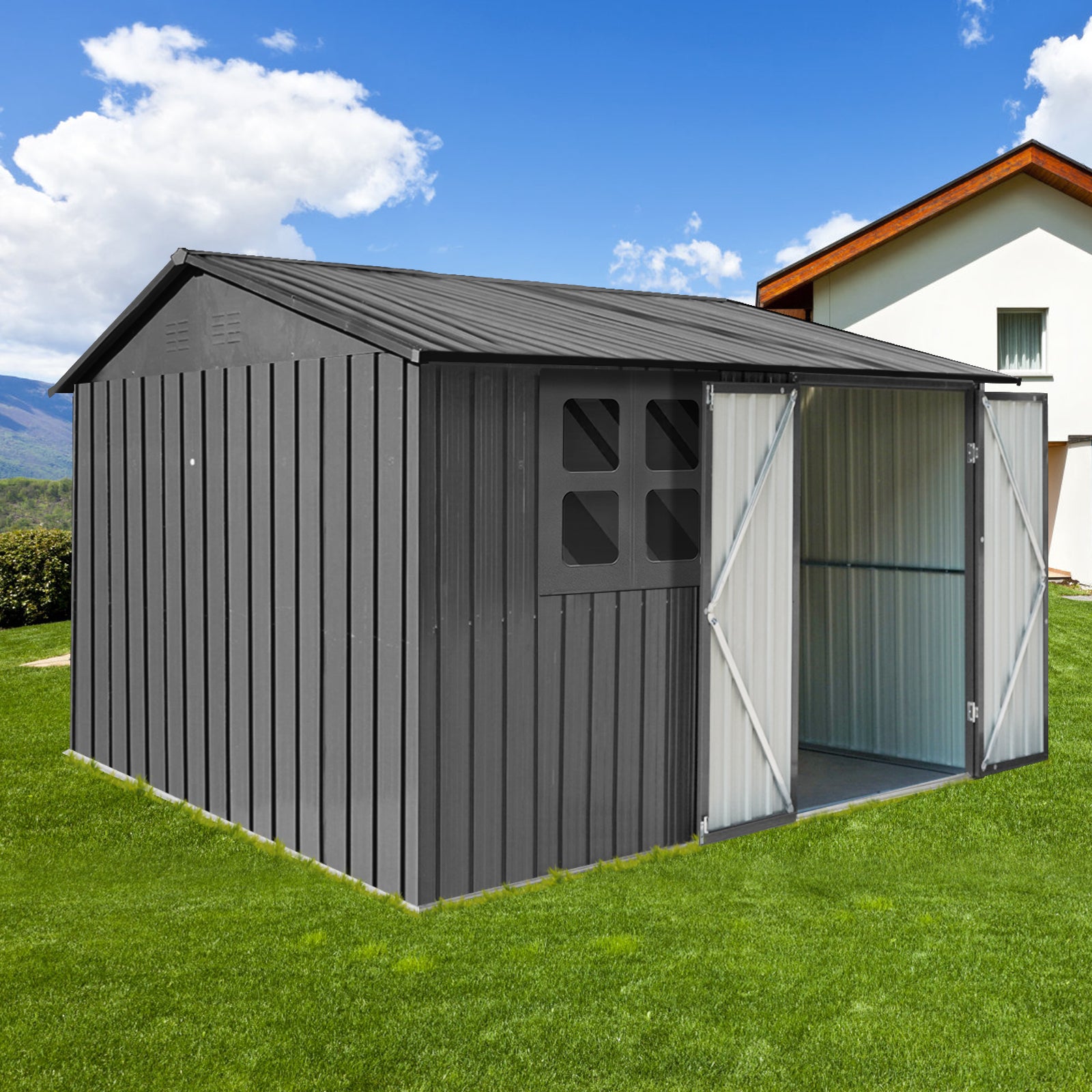 Metal Garden Sheds 6Ftx8Ft Outdoor Grey With Window Grey Metal