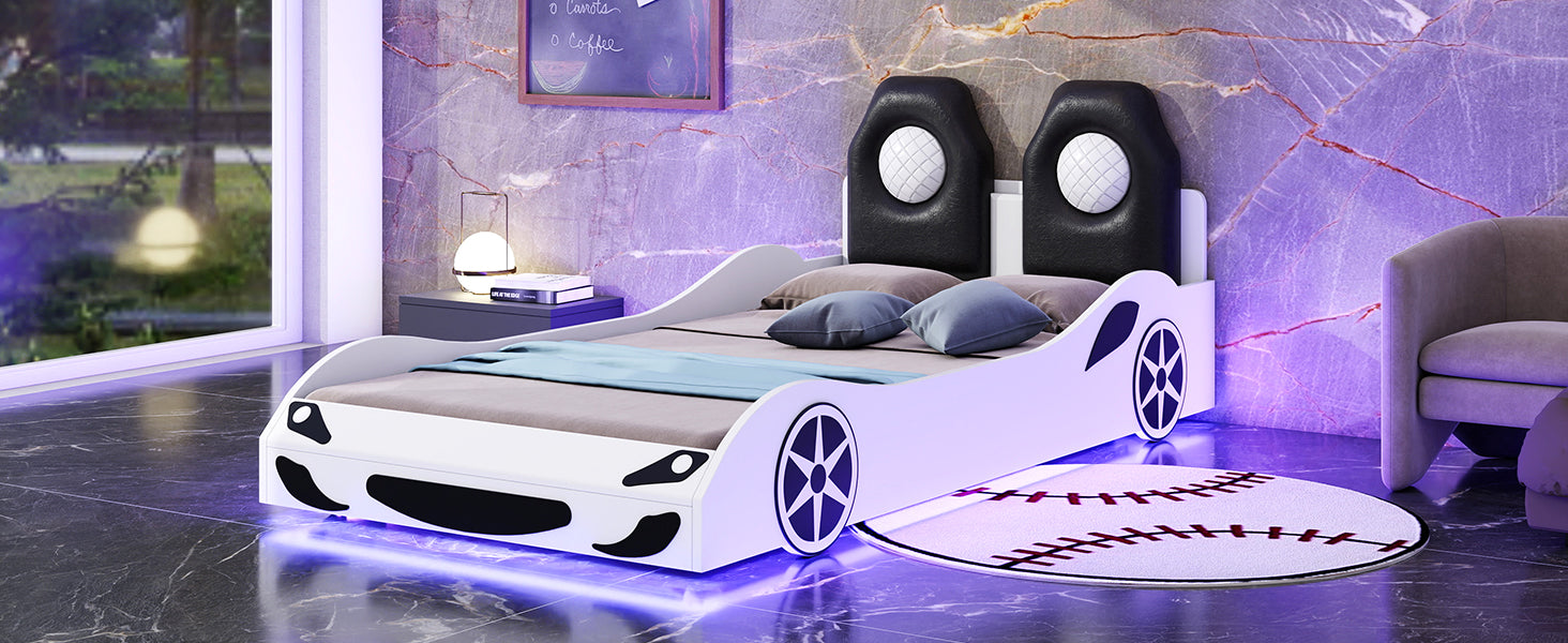 Wood Twin Size Race Car Shaped Platform Bed With Led And Upholstered Backrest, White Expected Arrival Time: 10.28 Box Spring Not Required Twin White Wood Faux Leather,Solid Wood Mdf