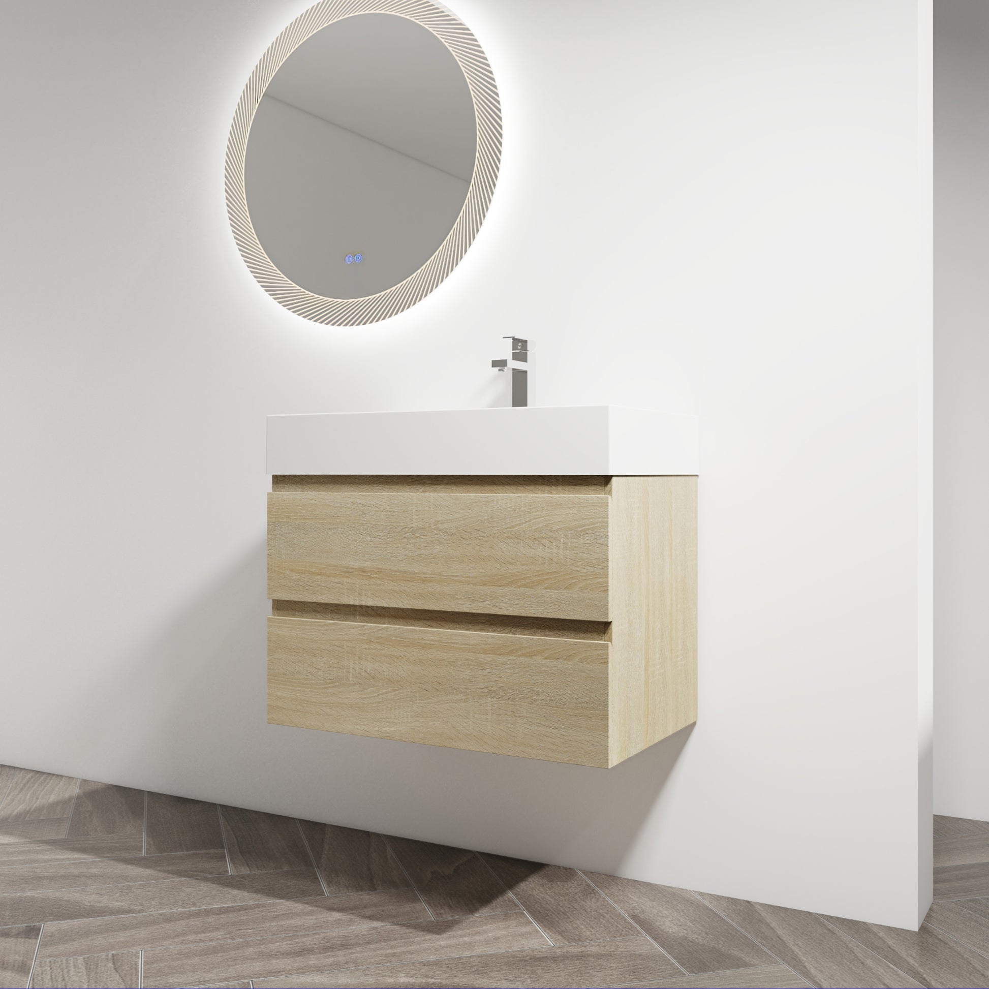 30" Wall Mounted Bathroom Vanity With Resin Sink, 2 Soft Close Drawers, Kd Package 2 Light Oak Bathroom Wall Mounted Modern Plywood