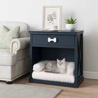 Vintage Small Storage Cabinet With Led Light And Pet Bed, Hidden Cat Litter Box With Drawer And Semi Open Space Blue Wood