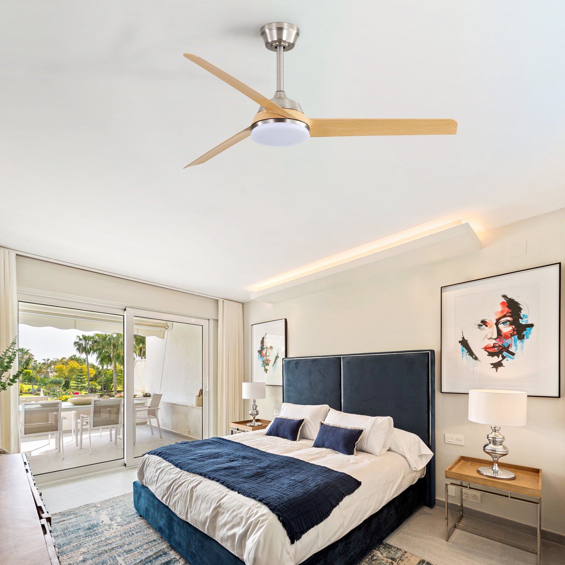 52 Inch Ceiling Fan With 22W Led Light And Remote Control 5 Abs Blades For Living Room Brushed Nickel Abs