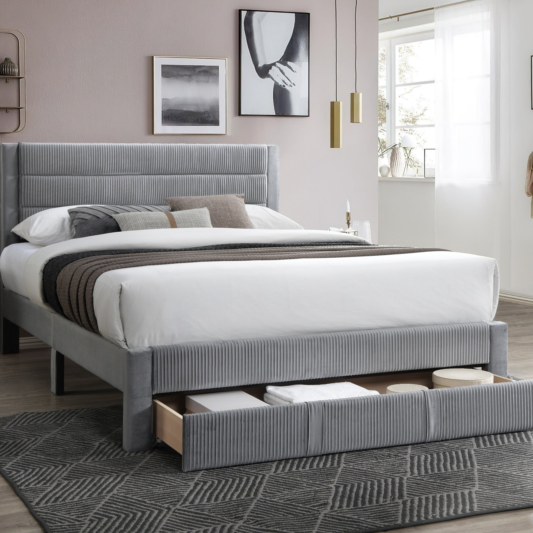 Luxury Contemporary Look 1Pc Queen Size Bed W Storage Drawer Gray Corduroy Headboard Bedframe Box Spring Not Required Queen Gray Wood Bedroom Contemporary,Modern Bed Frame Corduroy