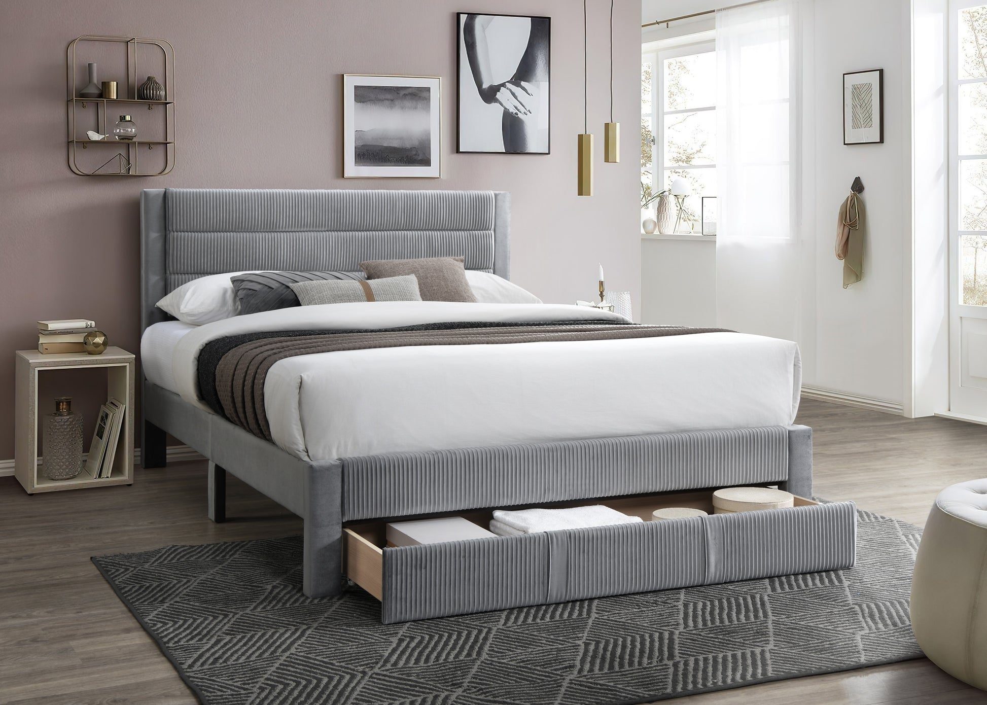 Luxury Contemporary Look 1Pc Queen Size Bed W Storage Drawer Gray Corduroy Headboard Bedframe Box Spring Not Required Queen Gray Wood Bedroom Contemporary,Modern Bed Frame Corduroy