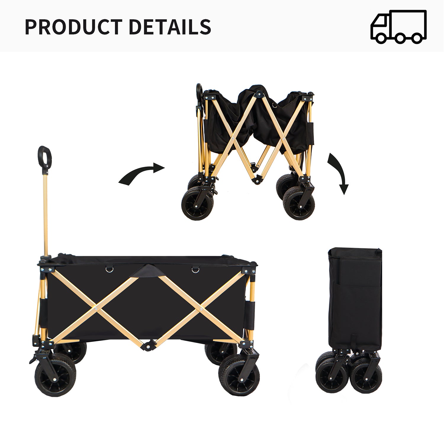 Aluminum Alloy Folding Wagon, Heavy Duty Utility Beach Wagon Cart For Sand With Big Wheels, Adjustable Handle&Drink Holders For Shopping, Camping,Garden And Outdoor Black Garden & Outdoor American Design Fabric Steel