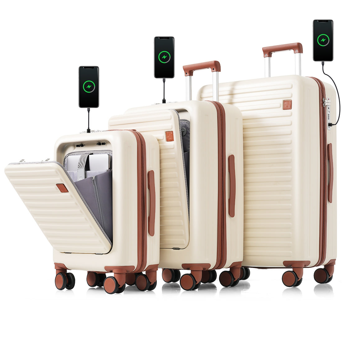 Luggage Set Of 3, 20, 24, 28Inch With Usb Port, 20, 24Inch With Front Opening Design Airline Certified Carry On Luggage With Cup Holder, Abs Hard Shell Luggage With Spinner Wheels, Ivory And Brown White Abs