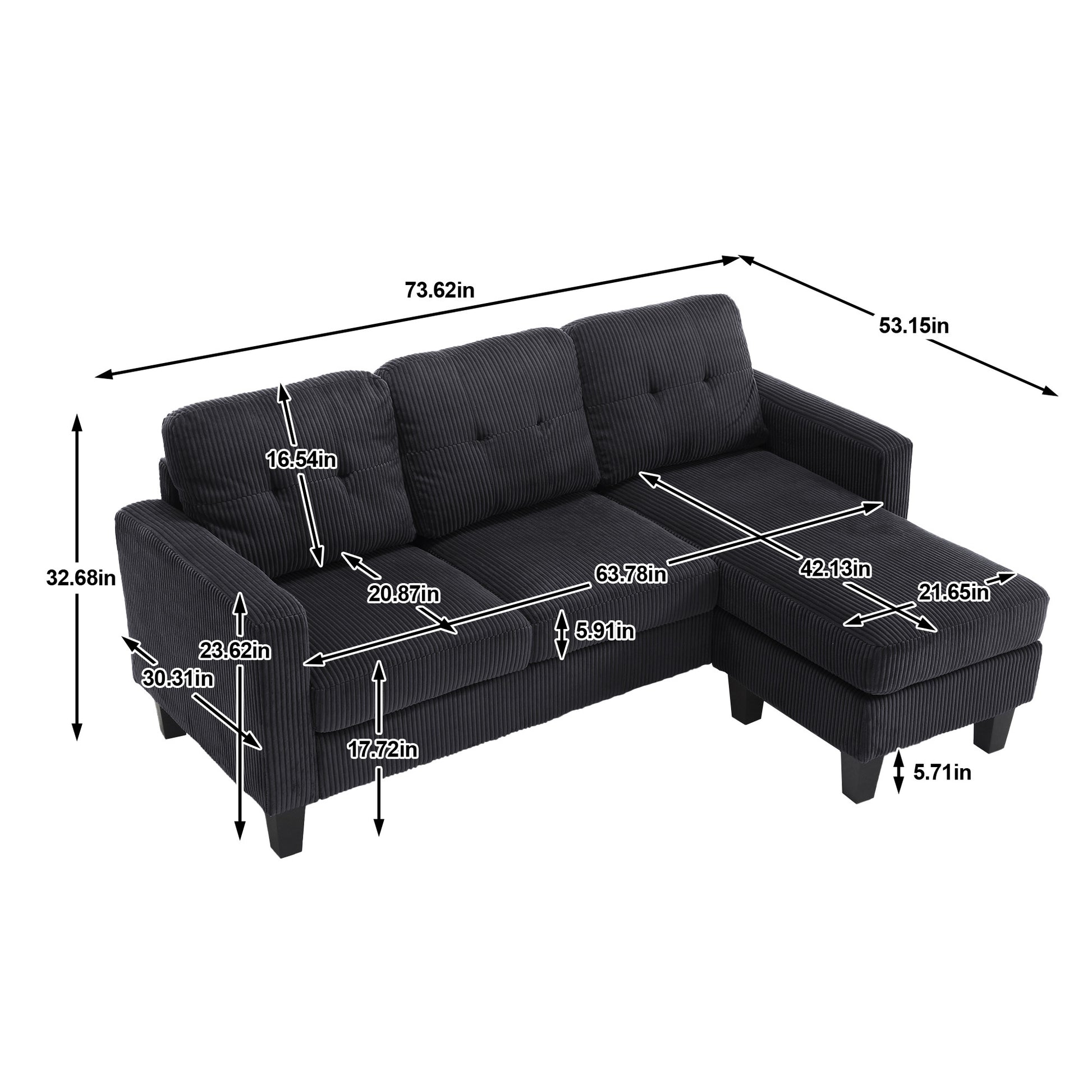 Velvet Sectional Couchl Shaped Sofa With Ottoman For Small Apartment Black Velvet 3 Seat