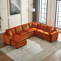 Modern U Shaped 6 Seat Sectional Sofa Couch With One Ottoman And Three Toss Pillows ,Modular Sofa For Living Room,Corduroy Sofa Orange Corduroy 7 Seat