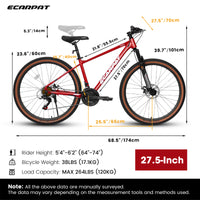 A27312 Ecarpat Mountain Bike 27 Inch Wheels, 21 Speed Mens Womens Trail Commuter City Mountain Bike, Aluminium Frame Disc Brakes Thumb Shifter Front Fork Bicycles Red Steel