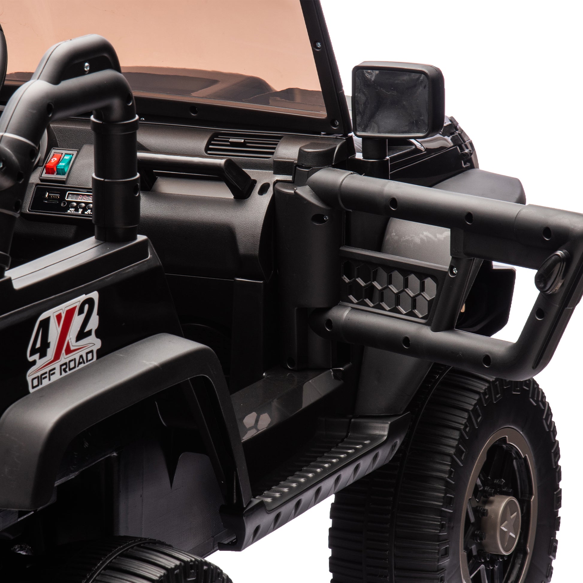 24V Two Seater Kids Ride On Truck Car W Parents Control,200W*2,Seat Width 20.28In,Four Wheel Suspension,Led Lights,Music,Mp3,Bluetooth,Two Independent Seat Belts,Suitable For Off Road For Kids Aged 3 Black 100 149 Lbs Polypropylene