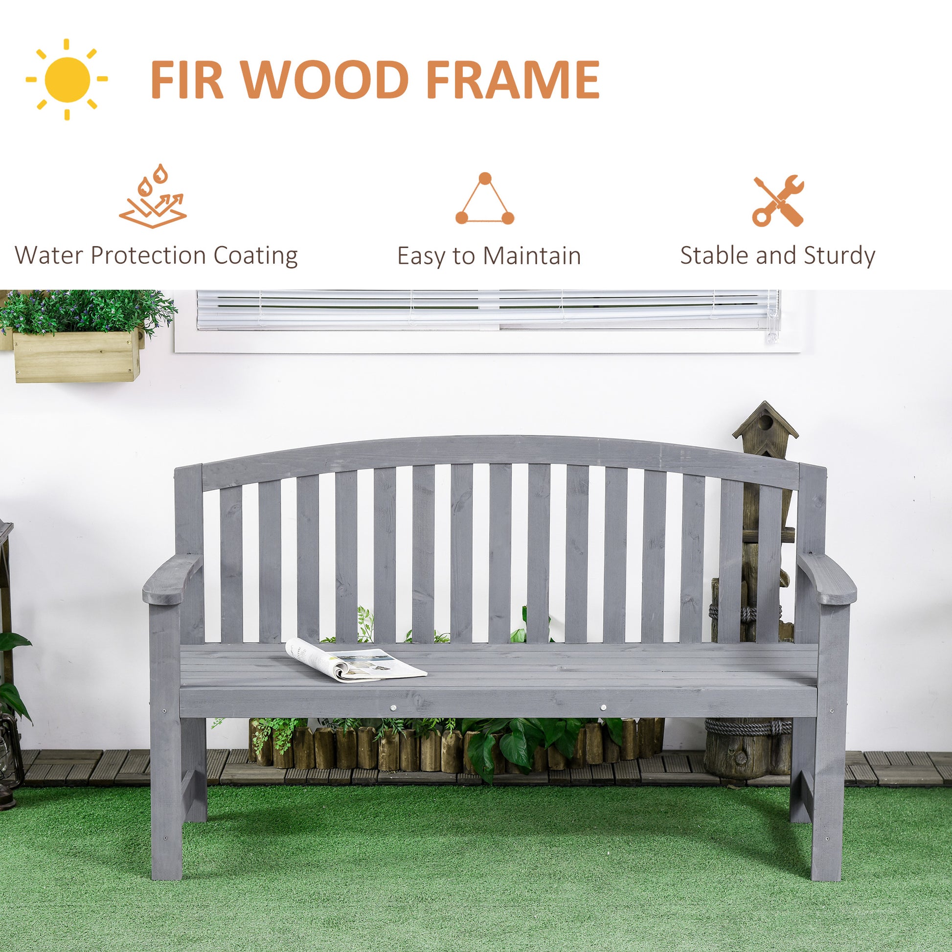 Outsunny 56" Outdoor Wood Bench, 2 Seater Garden Bench With Backrest And Armrest, Patio Bench For Patio, Porch, Poolside, Balcony, Gray Gray Wood