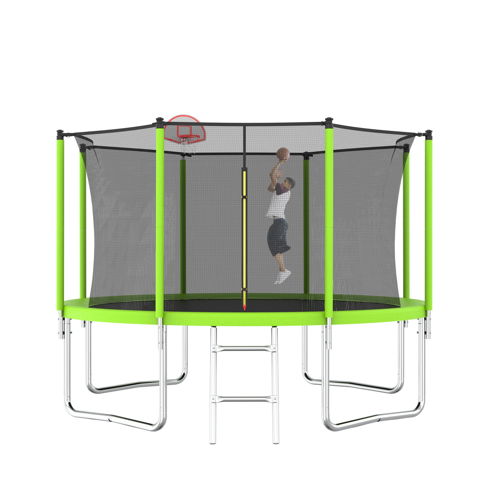 12Ft Trampoline Green For Kids & Adults With Basketball Hoop And Ball ,Recreational Trampolines With Safety Enclosure For Back Yard Outdoor Green Metal