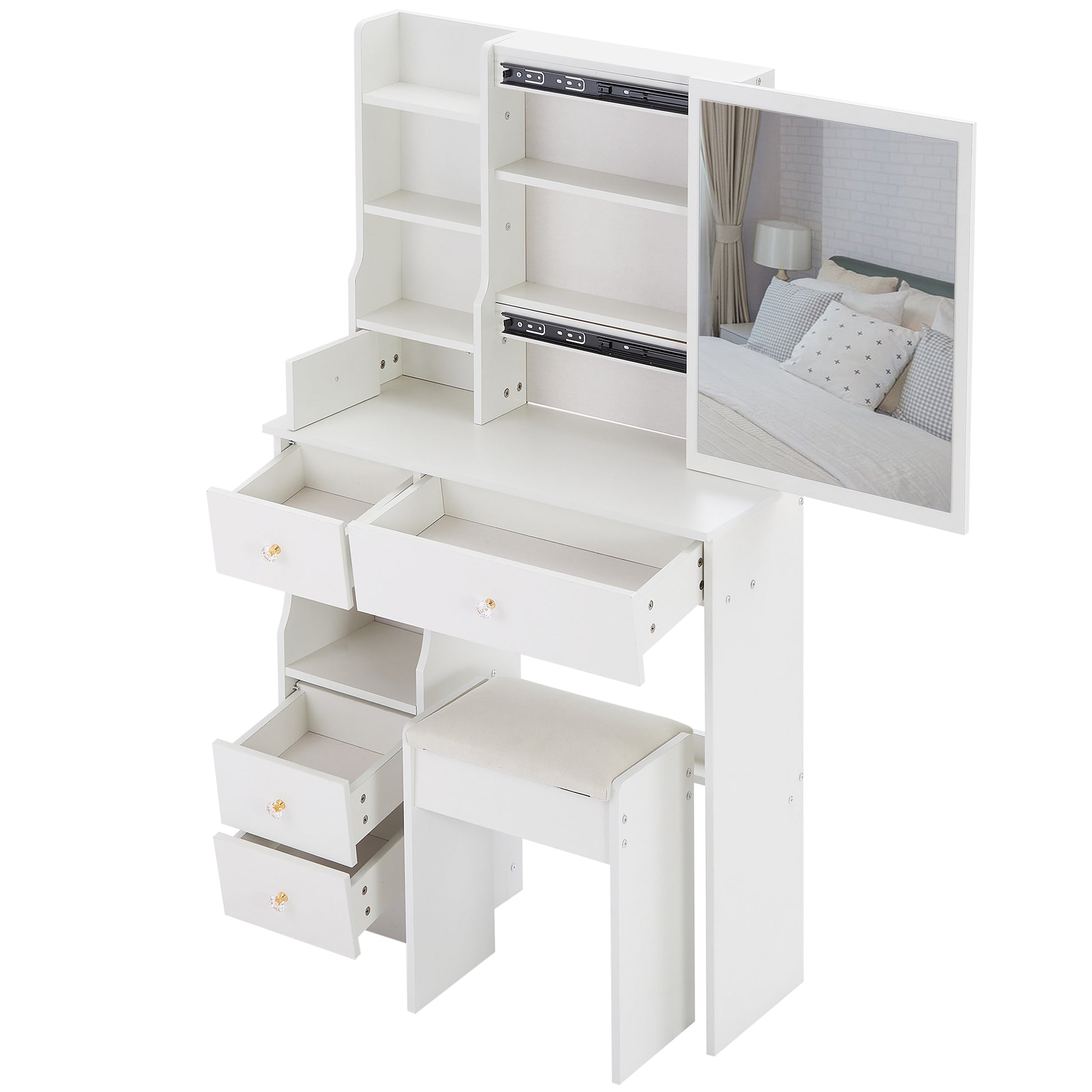 Small Size Left Drawer Desktop Vanity Table Cushioned Stool, Extra Large Sliding Mirror, Multi Layer, High Capacity Storage Fashionable Dresser, Suitable For Small Space, Epa,Gcc,Ul Certificate
