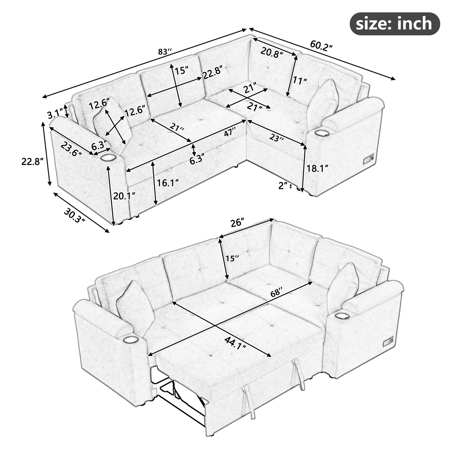 83" L Shape Sofa Bed Pull Out Sleeper Sofa With Wheels, Usb Ports, Power Sockets For Living Room, Grey Grey Foam Boucle 3 Seat