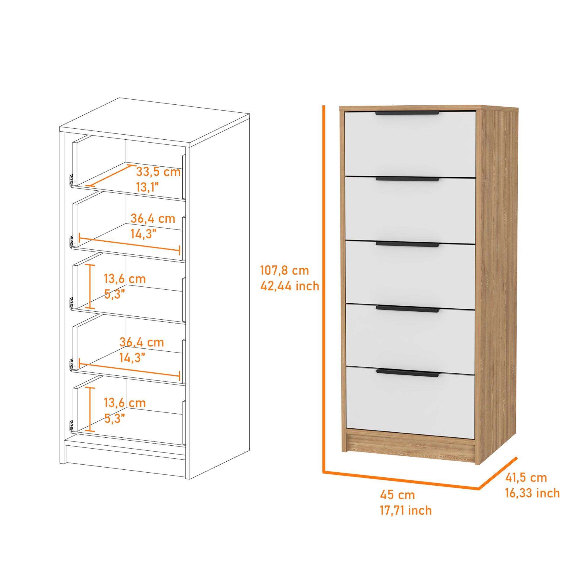 Washington Five Drawer Dresser Multicolor Mdf Engineered Wood