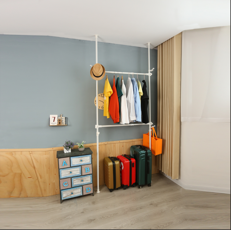 Telescopic Garment Rack, Heavy Duty Design Movable Diy By Hand No Damage To Wall Ceiling Hanging Rail, 31 47In Wide Adjustable, 120 Kilogram Loading, Reach Hook Included, White White Primary Living