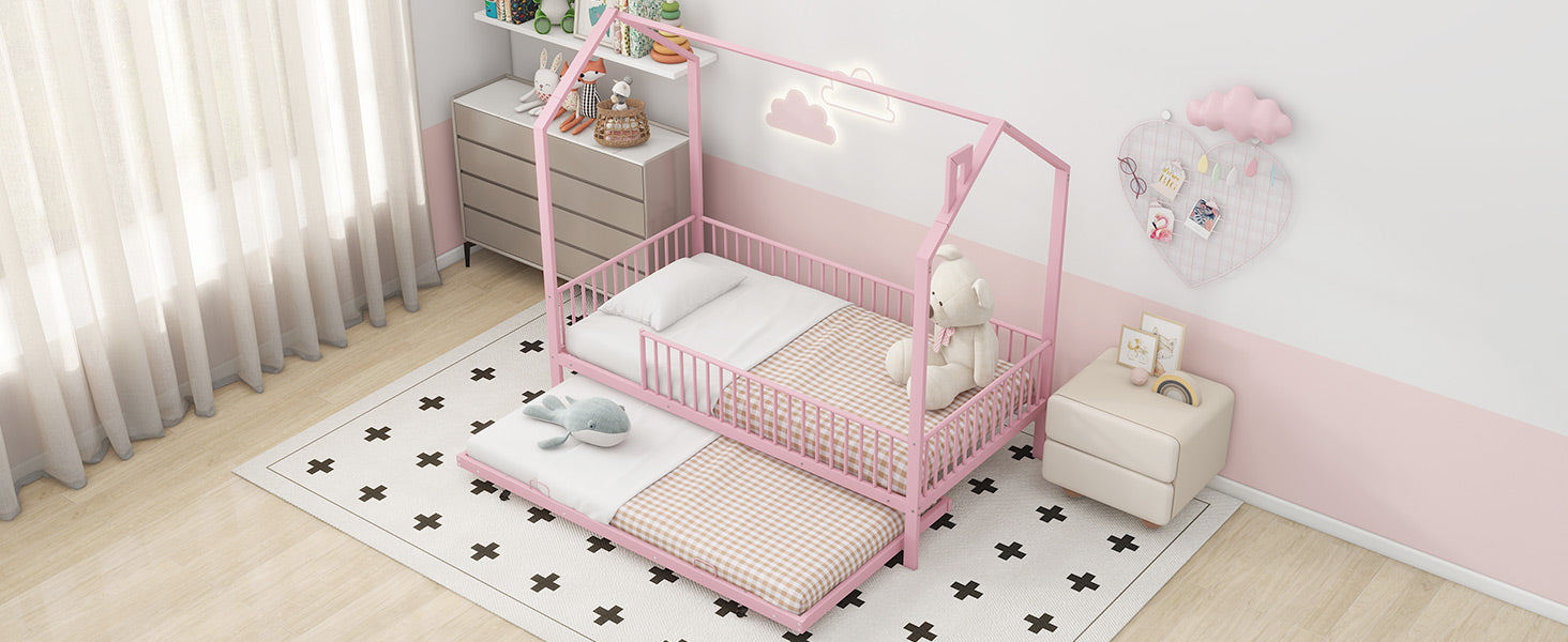 Twin Size Metal House Bed With Fence, With Trundle, Pink Expected Arrival Time: 10.18 Twin Pink Metal