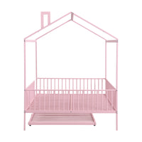 Full Size Metal House Bed With Fence, With Trundle, Pink Full Pink Metal