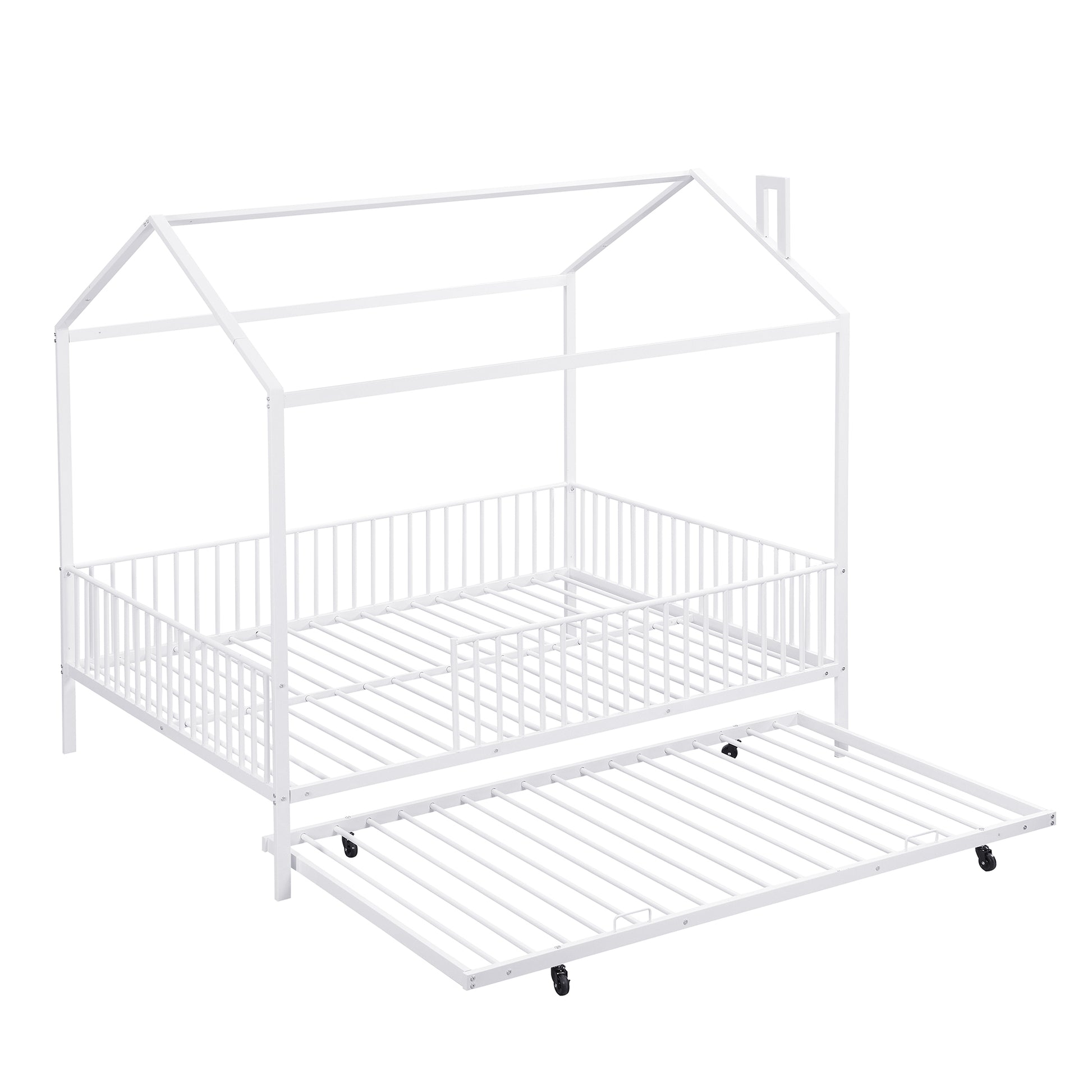 Full Size Metal House Bed With Fence, With Trundle, White Full White Metal