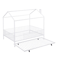 Full Size Metal House Bed With Fence, With Trundle, White Full White Metal