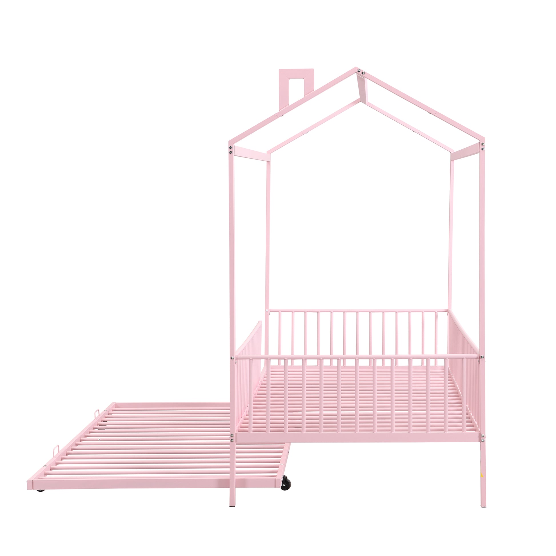 Twin Size Metal House Bed With Fence, With Trundle, Pink Expected Arrival Time: 10.18 Twin Pink Metal